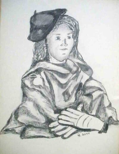 Bleistiftzeichnung einer liegenden Frau mit angewinkelten Beinen, lockerem Oberkörper und ruhigem Gesichtsausdruck, skizzenhafte Linienführung, figurative Aktstudie auf hellem Papier